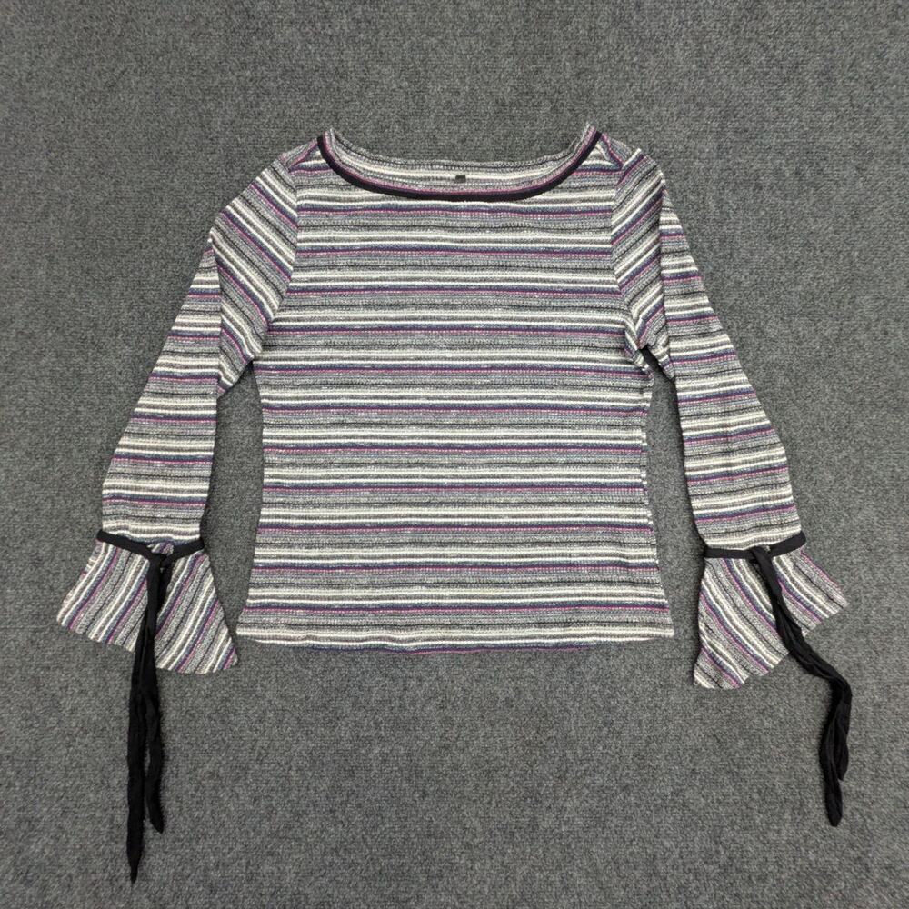 Latin Quarters Top Womens M Grey Striped Long Bell Sleeve Black Ribbon Blouse